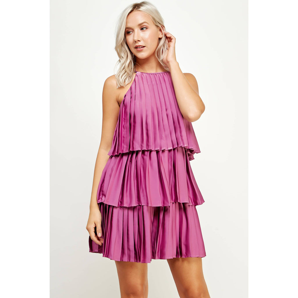 Pleated Satin Tiered Dress