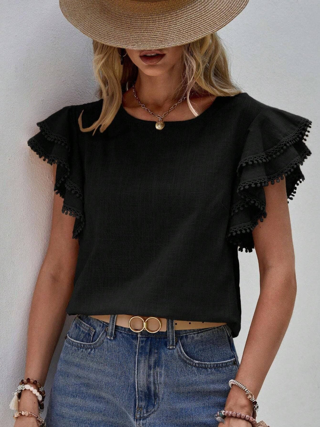Women’s Ruffle Batwing Short Sleeve Crew Neck Top