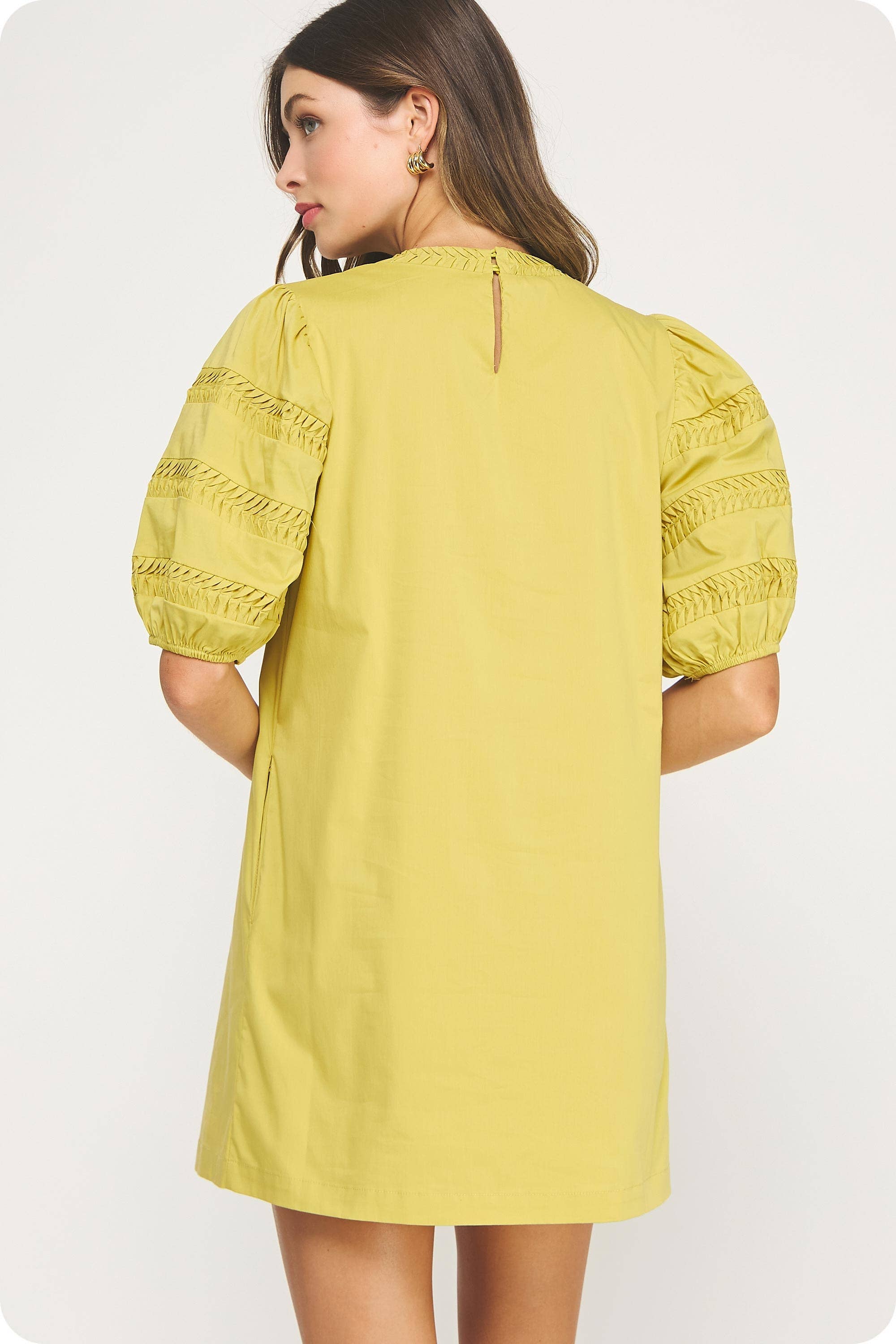 Reverse Pintuck Puff Sleeve Mini Dress