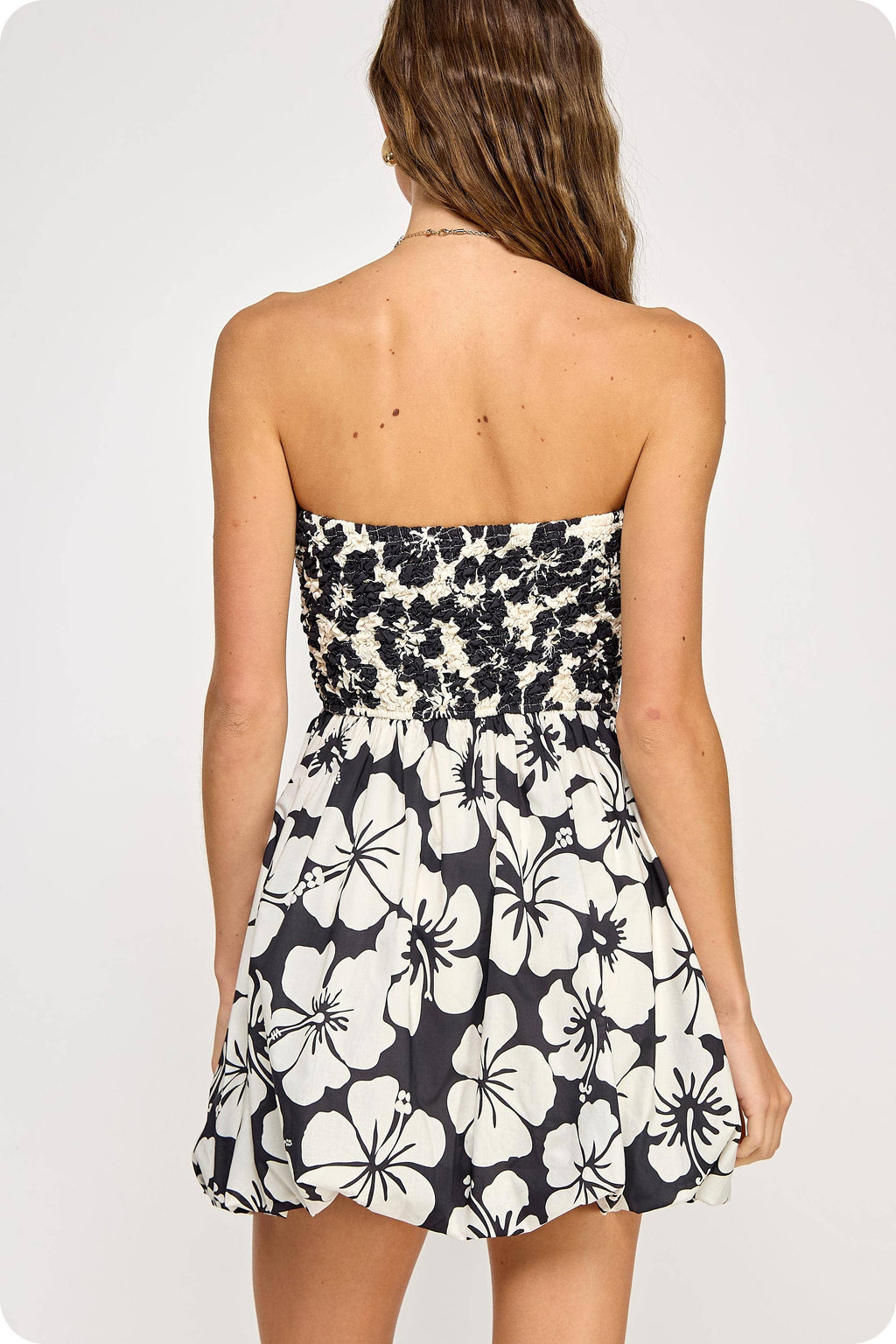 Hibiscus Print Popcorn Smock Balloon Mini Dress