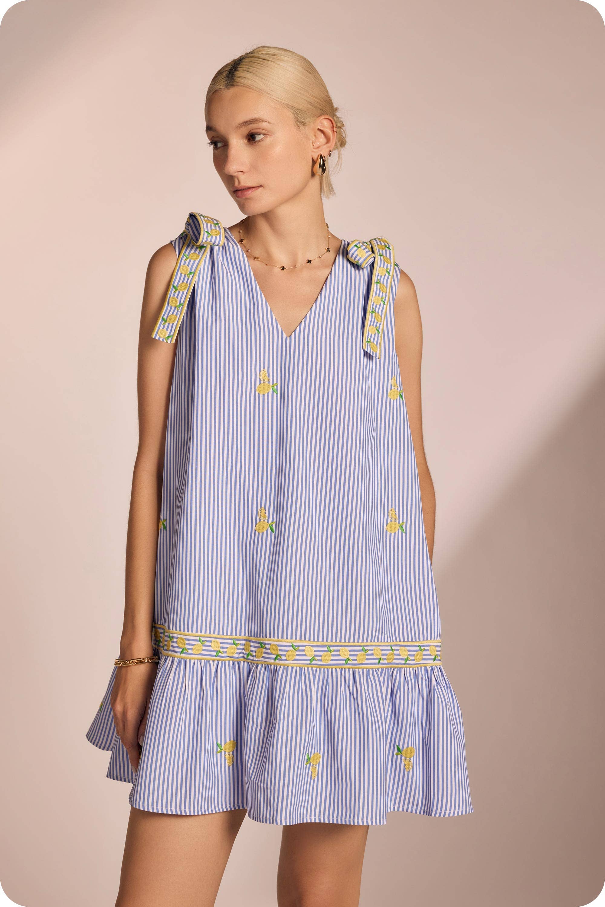 Lemon Embroidery Bow Strap Detail Stripe Mini Dress