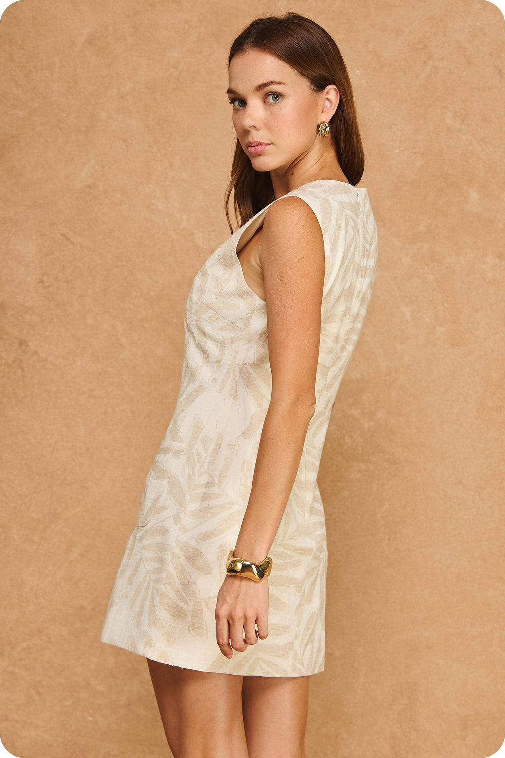 Botanical Jacquard V-Neck Button Front Mini Dress