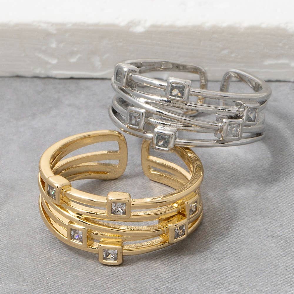 Multi-Band Square Cz Station Open Cuff Ring