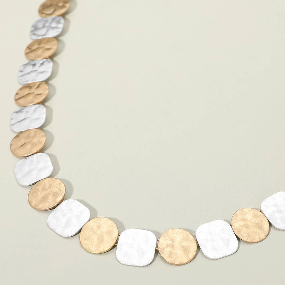 Hammered Metal Round Square Disc Link Necklace