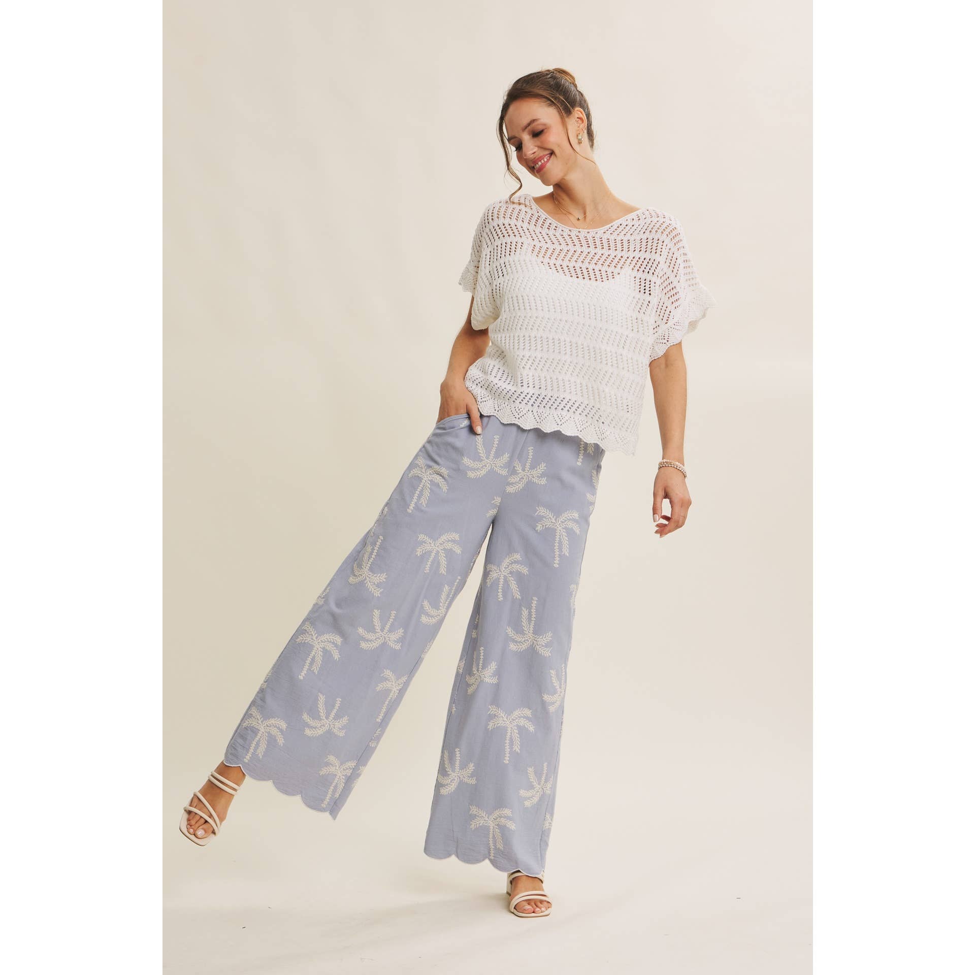 SUN-KISSED RESORT MOOD PALM TREE EMBROIDERED PANTS