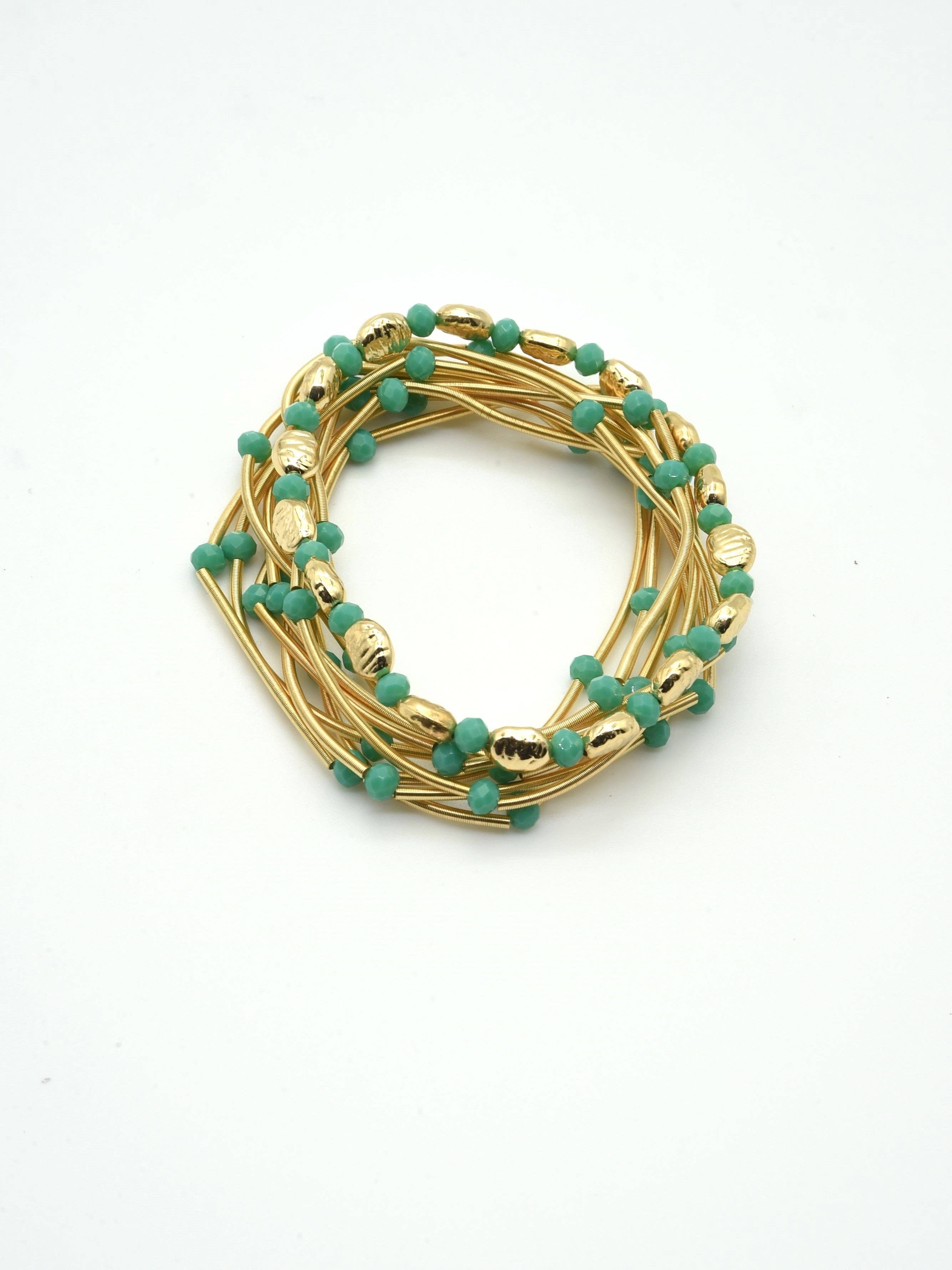 Set of 10 Gold Wired Stretch Bracelets with Turquiose Crystals