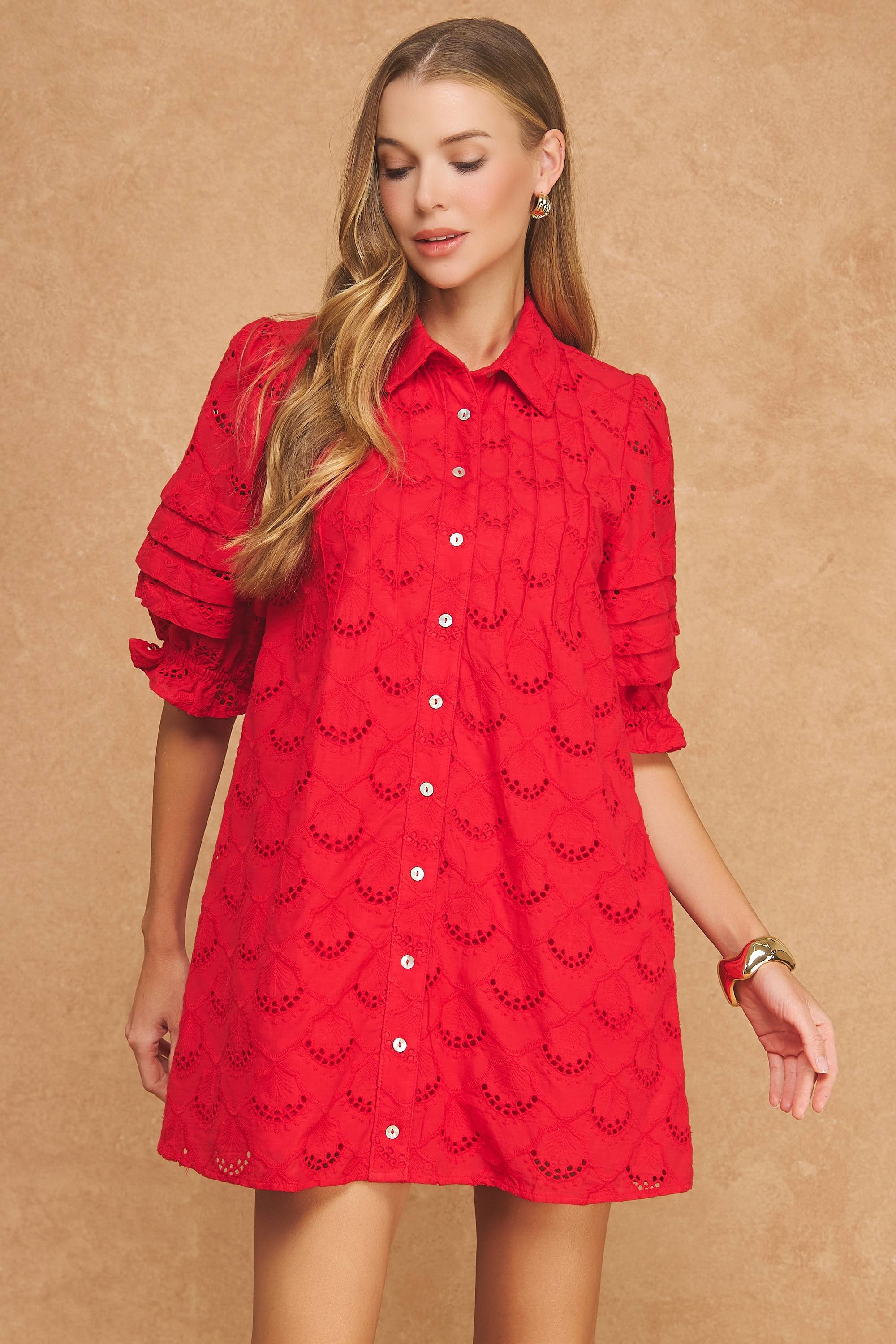 Pintuck Scalloped Eyelet Puff Sleeve Mini Shirt Dress