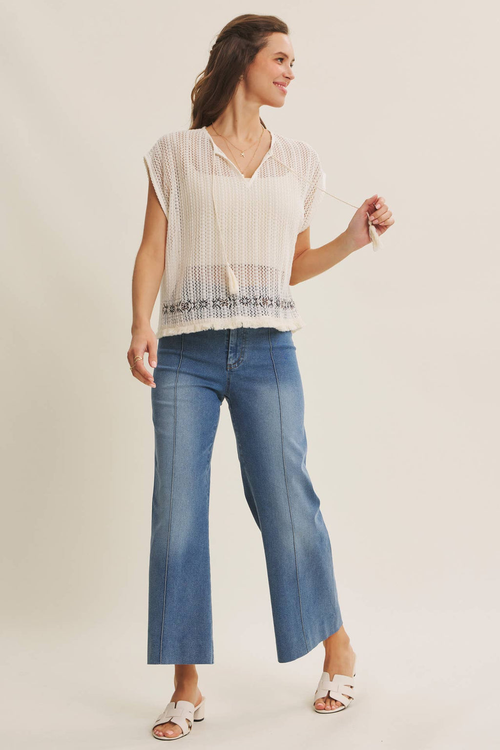 STRETCHY PINTUCK ANKLE LENGTH WIDE-LEG DENIM PANTS