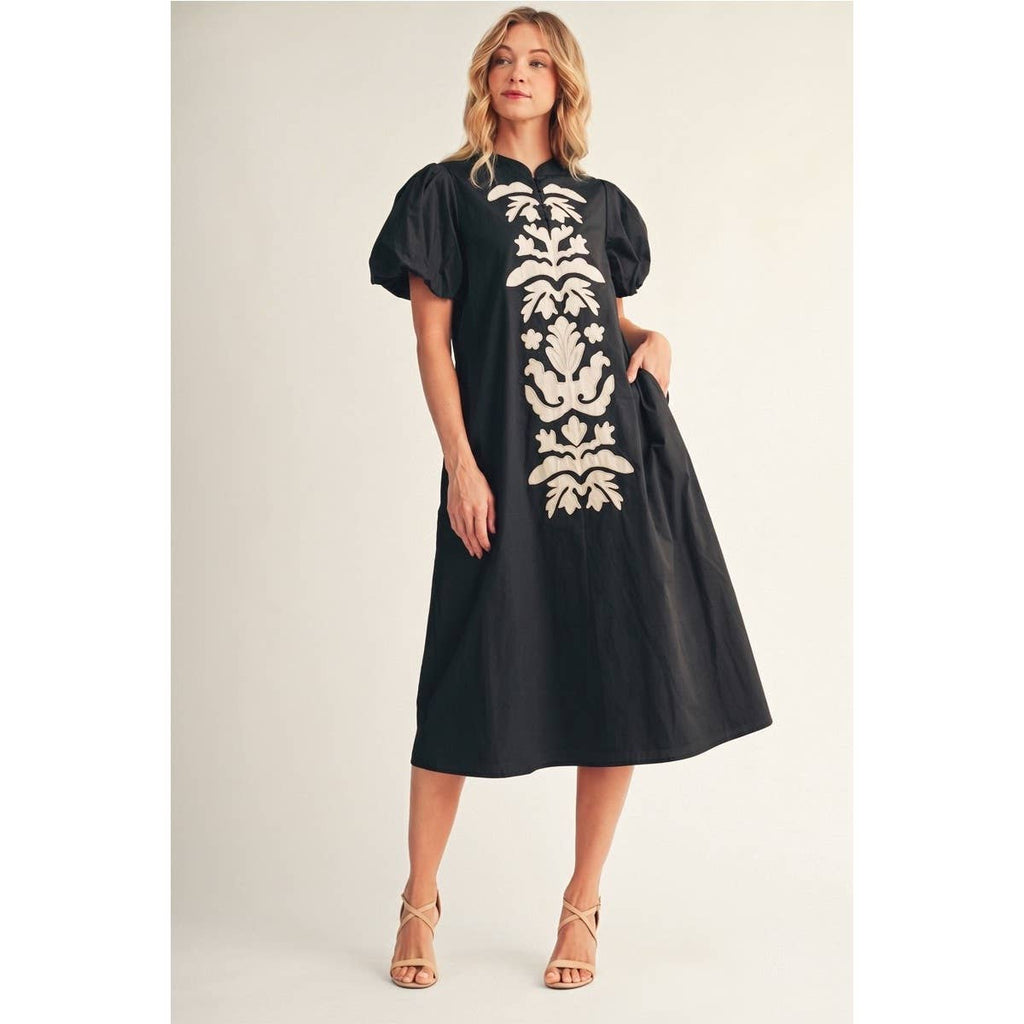 Applique Accent Puff Sleeves Midi Dress