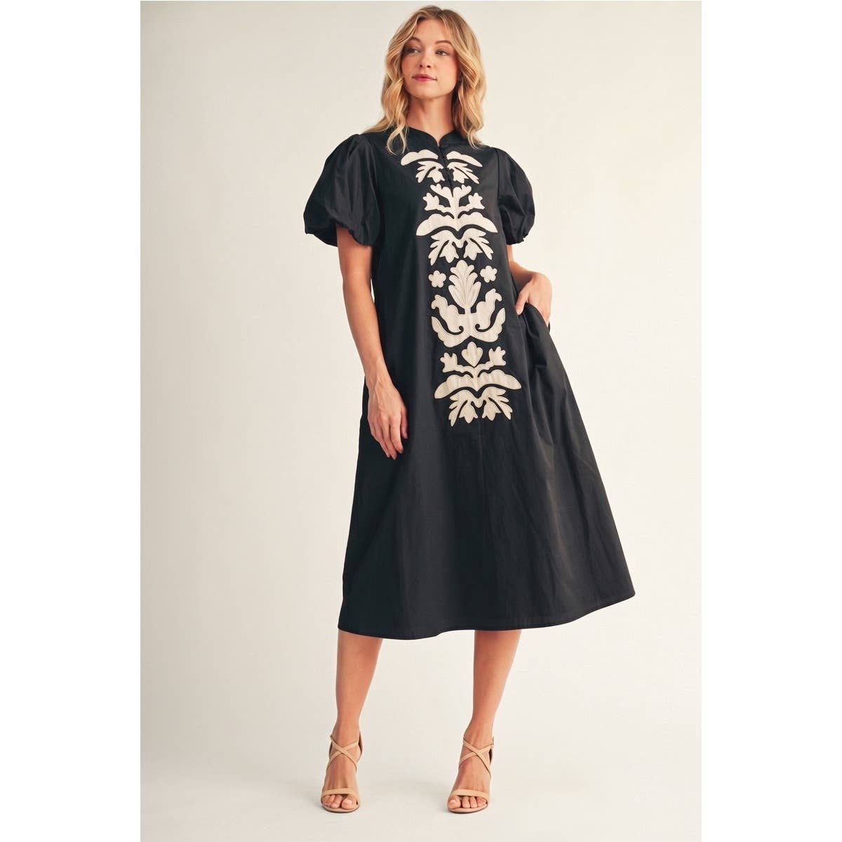 Applique Accent Puff Sleeves Midi Dress