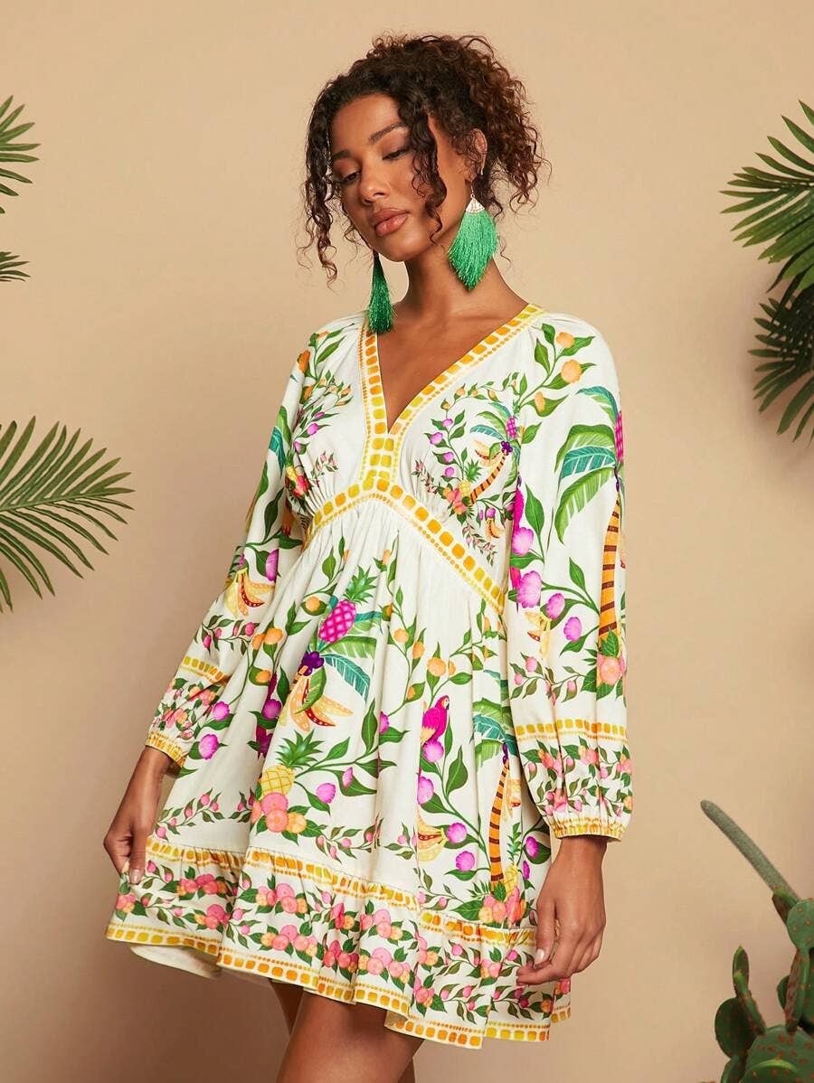 Bohemian V-neck three-quarter sleeve mini dress