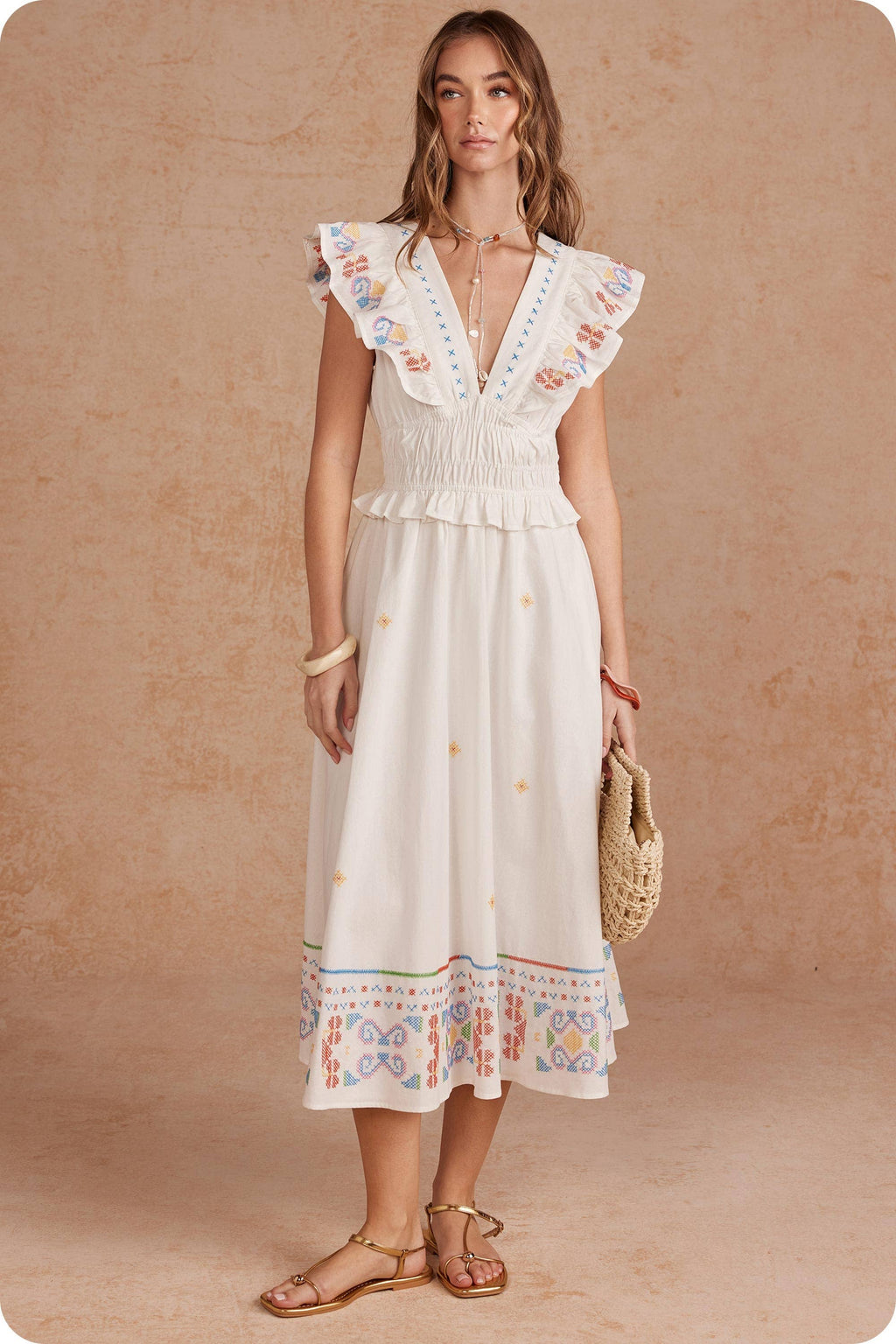 Cross-Stitch Embroidered Flutter Sleeve Midi Dress