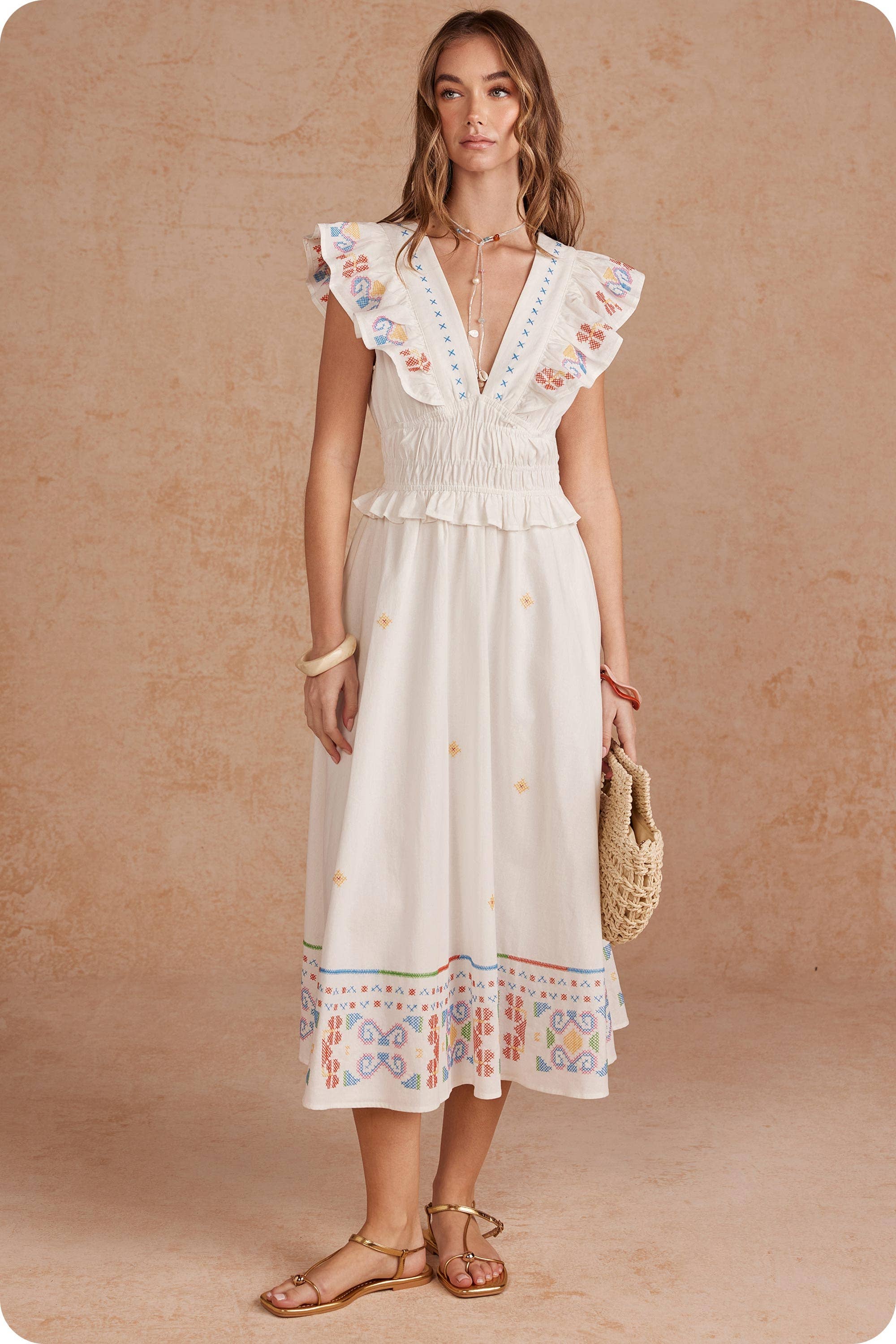 Cross-Stitch Embroidered Flutter Sleeve Midi Dress