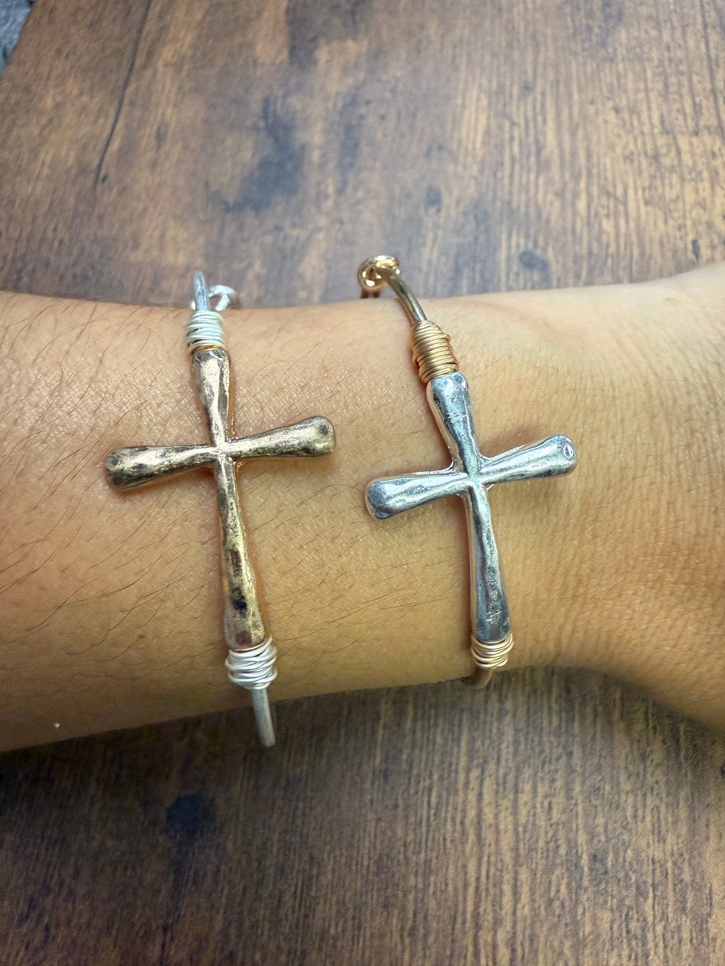 Two-tone Wire Wrapped Cross Bangle Bracelet