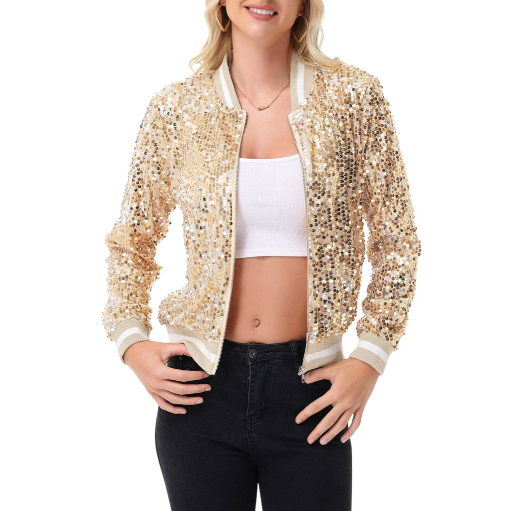 Game Day Sequin Bomber Jacket with Ribbed Trim and Front Zip