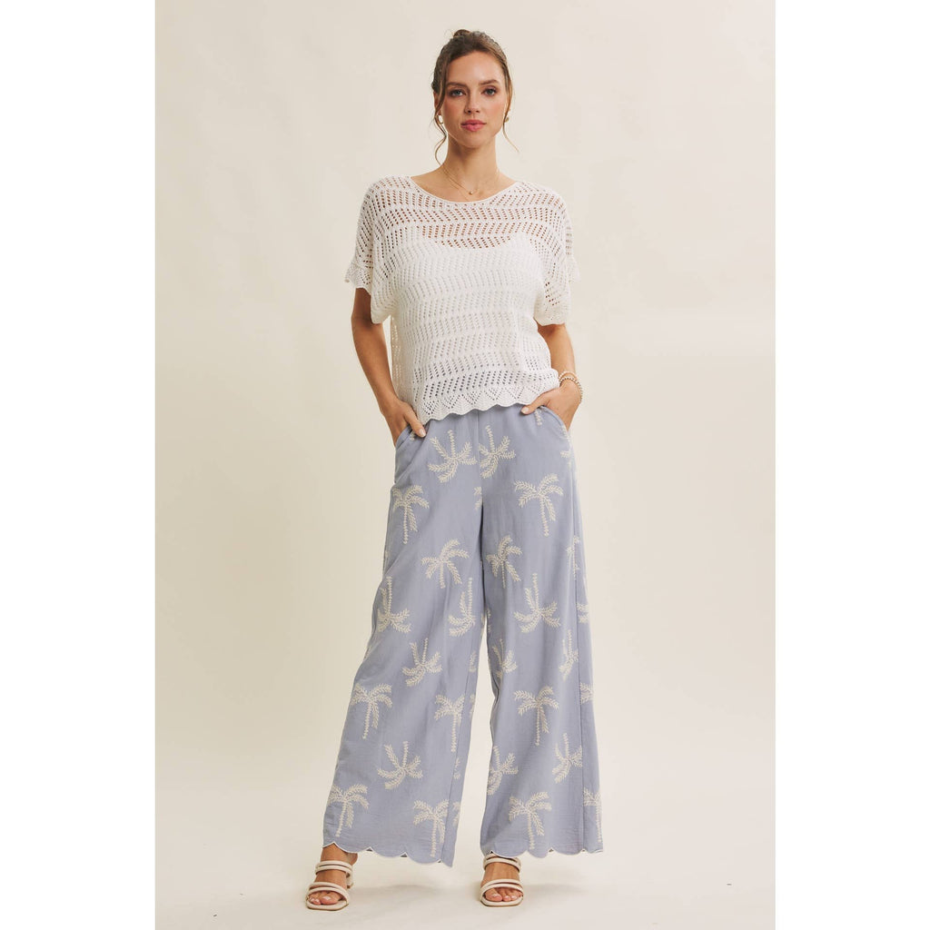 SUN-KISSED RESORT MOOD PALM TREE EMBROIDERED PANTS