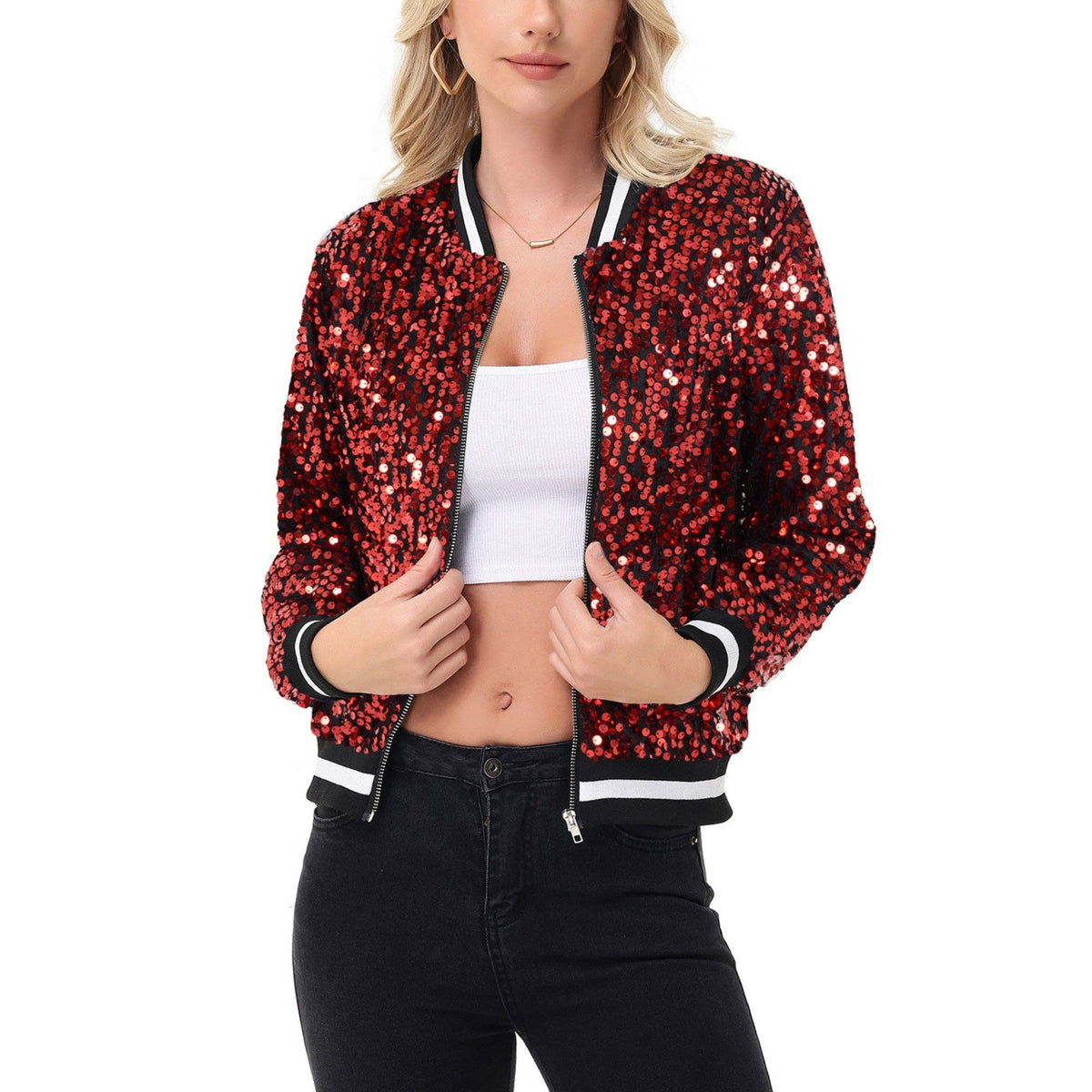 Game Day Sequin Bomber Jacket with Ribbed Trim and Front Zip