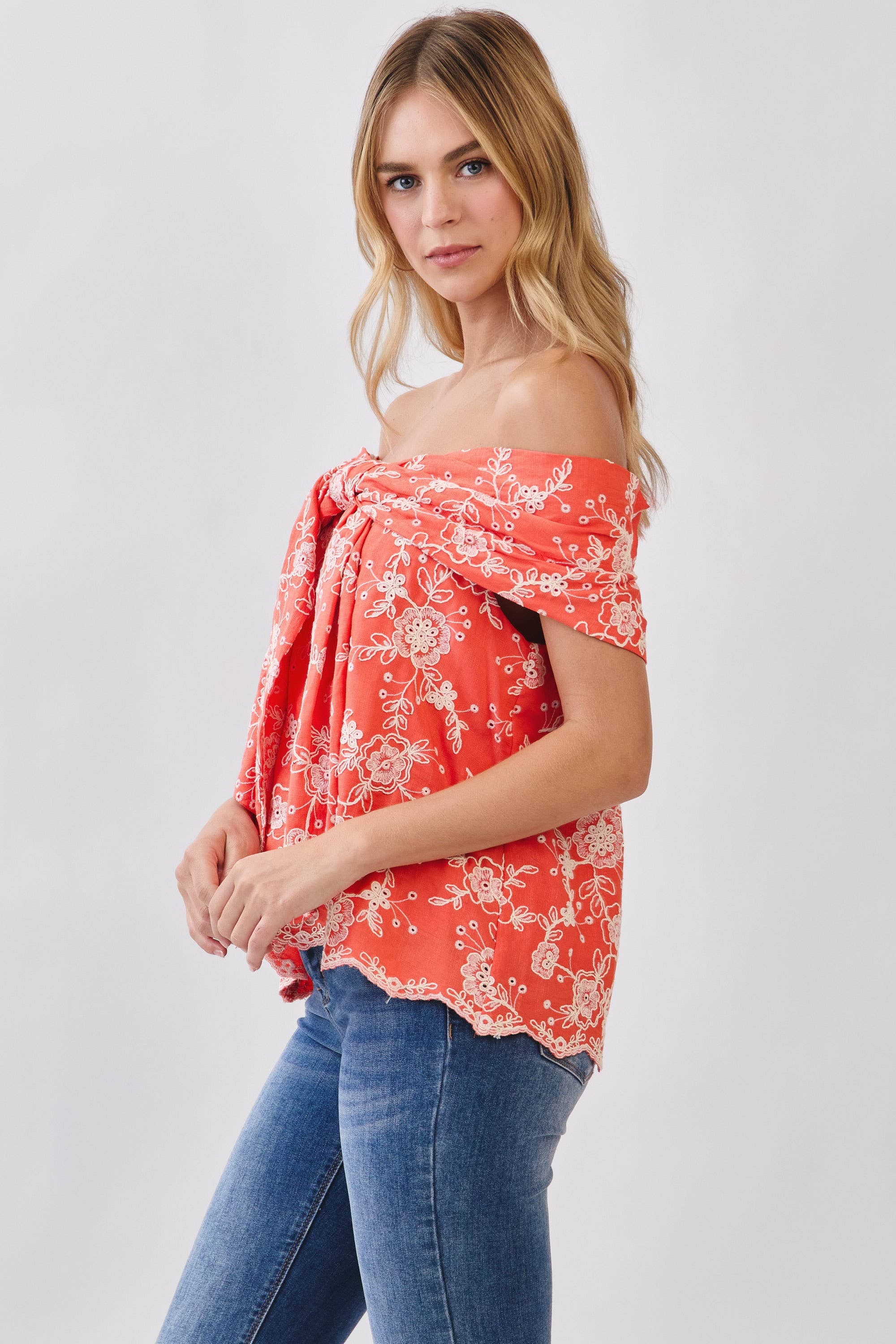 CT10126-Embroidered Foldover Off Shoulder Top