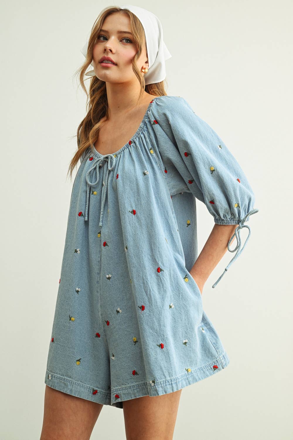 R5823   EMBROIDERED DENIM ROMPER WITH 3/4 SLEEVE
