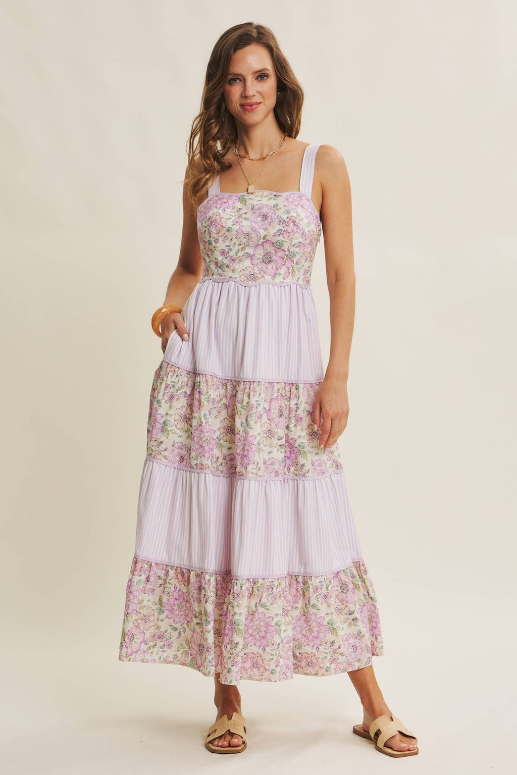 DREAMY IDEAL TIERED MIDI DRESS MIXED IN FLORALS AND STRIPES