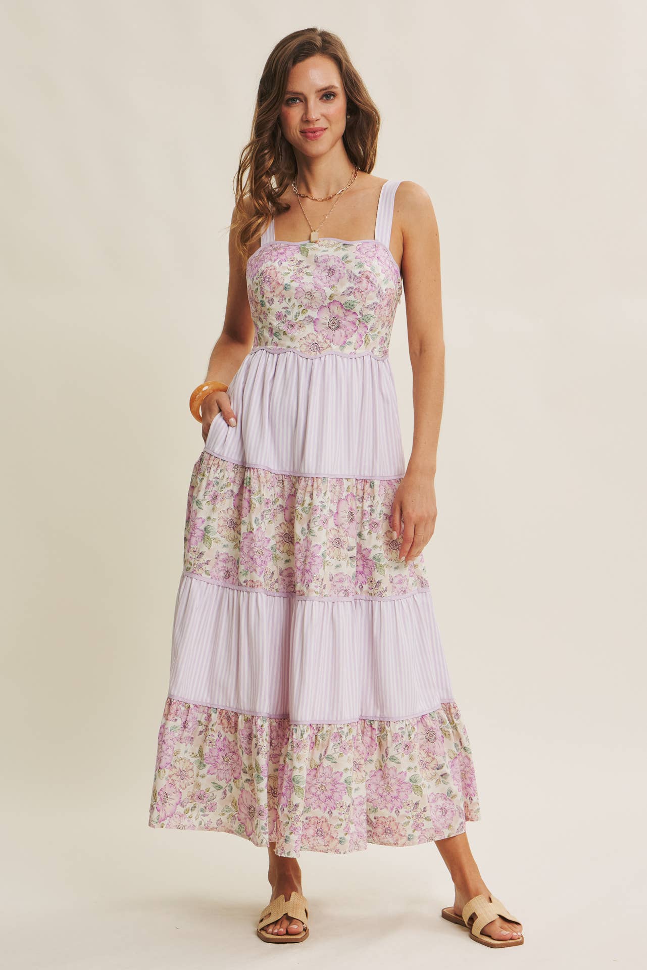 DREAMY IDEAL TIERED MIDI DRESS MIXED IN FLORALS AND STRIPES