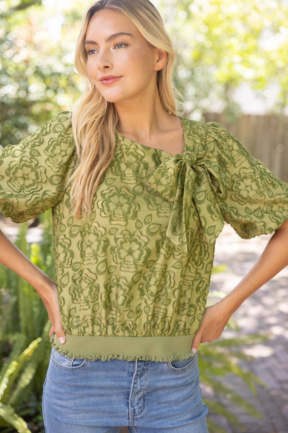 36917 Large Front Bow Detail Burn Out Floral Top
