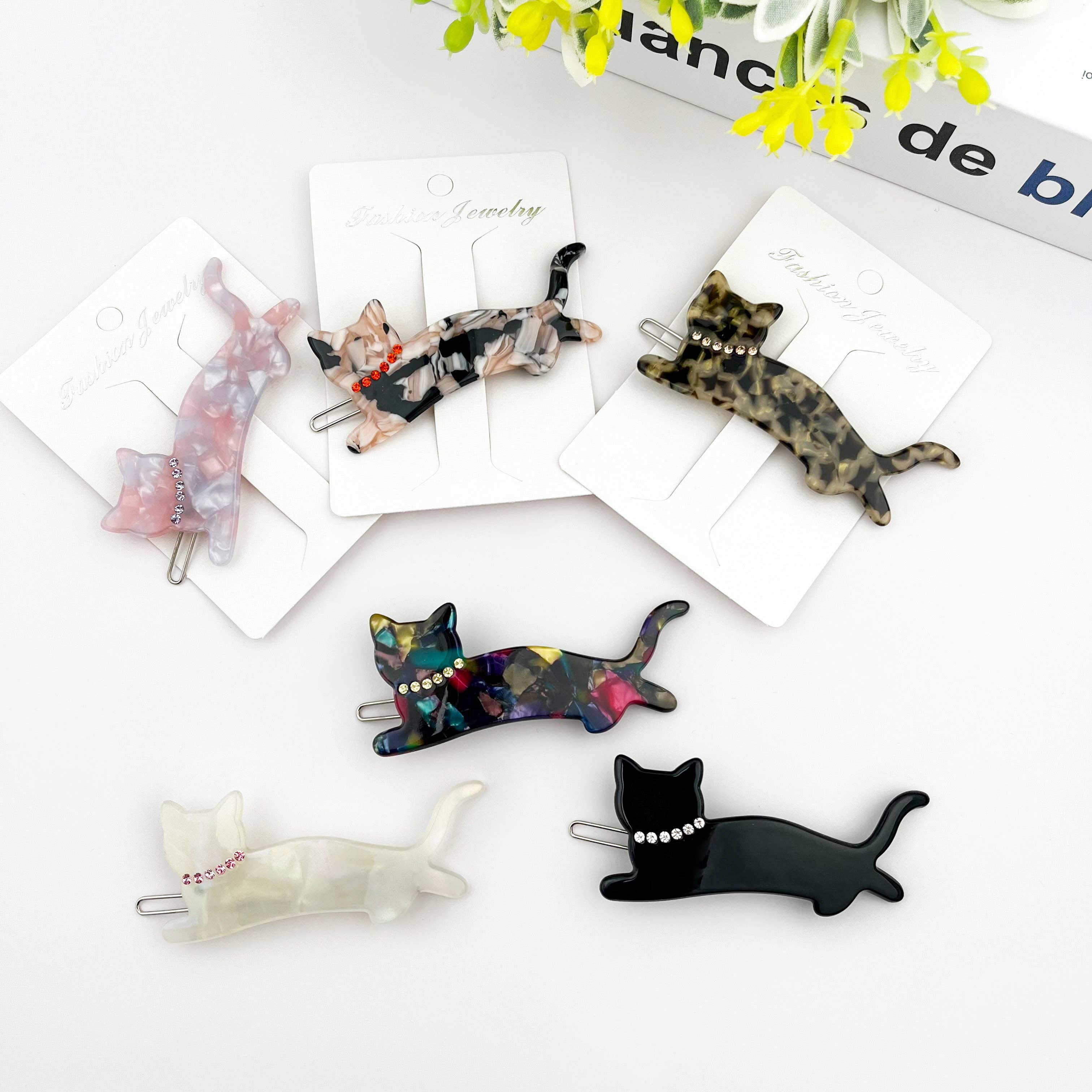 Acetate Crystal Cat Hair Clip, Elegant Rhinestone Side Clip