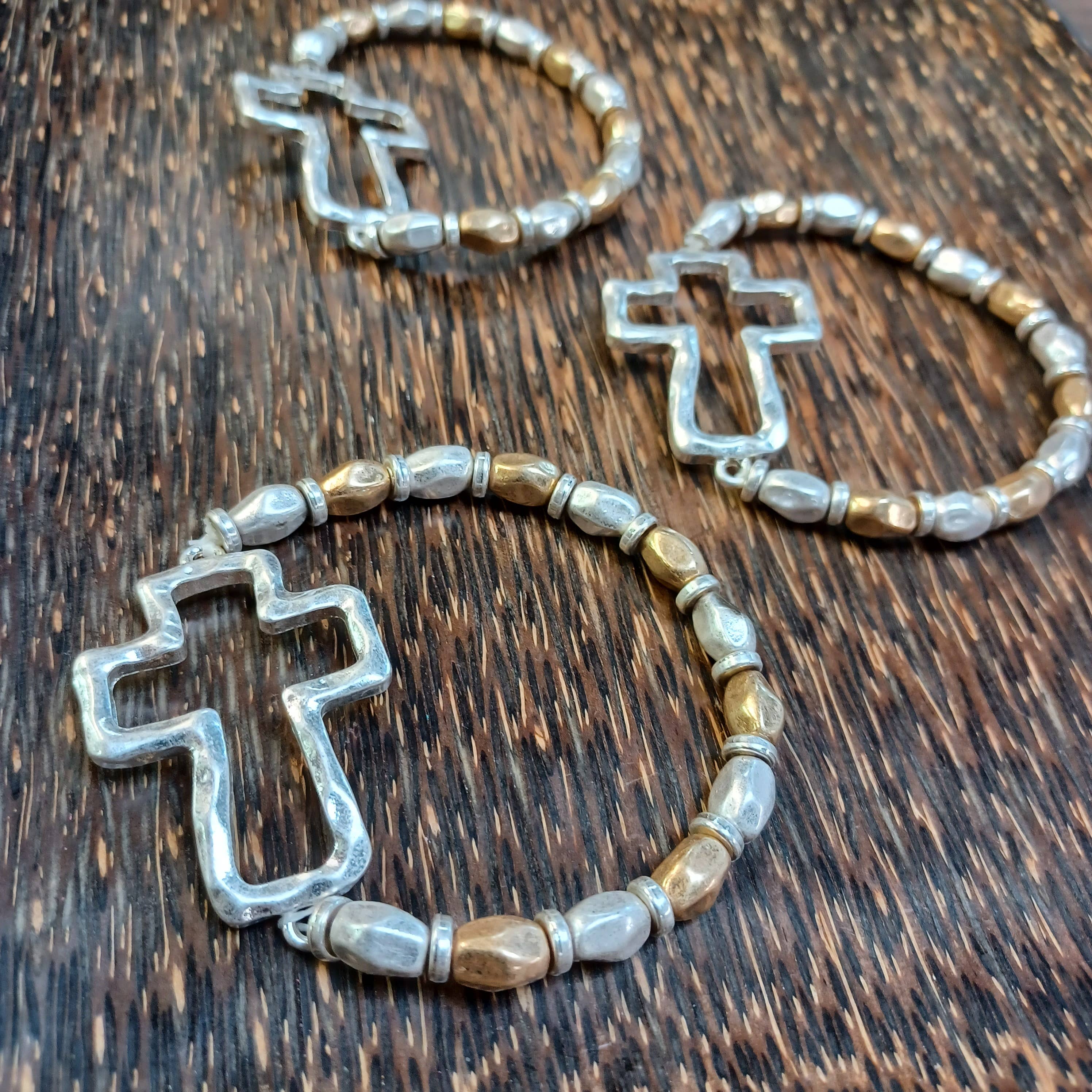 Gold or Silver Hammered Cross Mixed Metal Stretch Bracelet