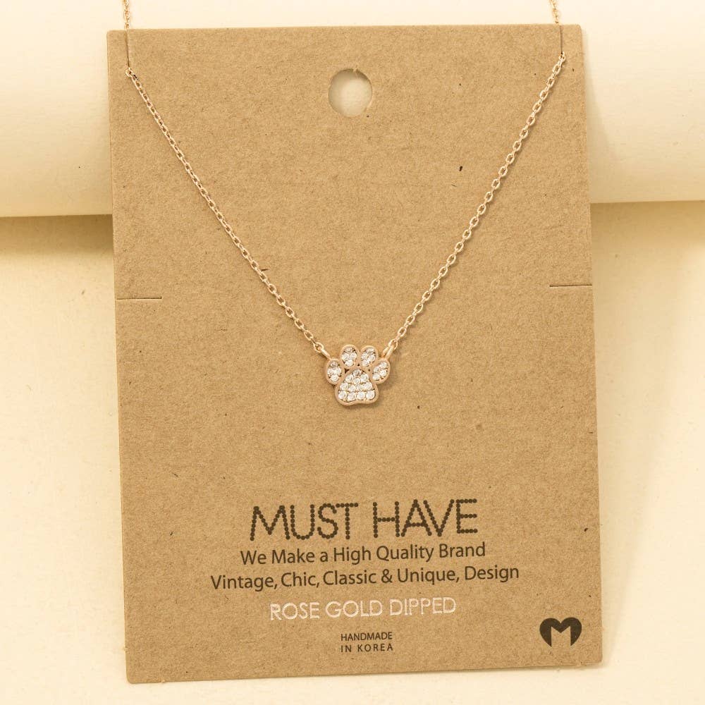 Gold Dipped CZ Pave Dog Paw Pendant Necklace