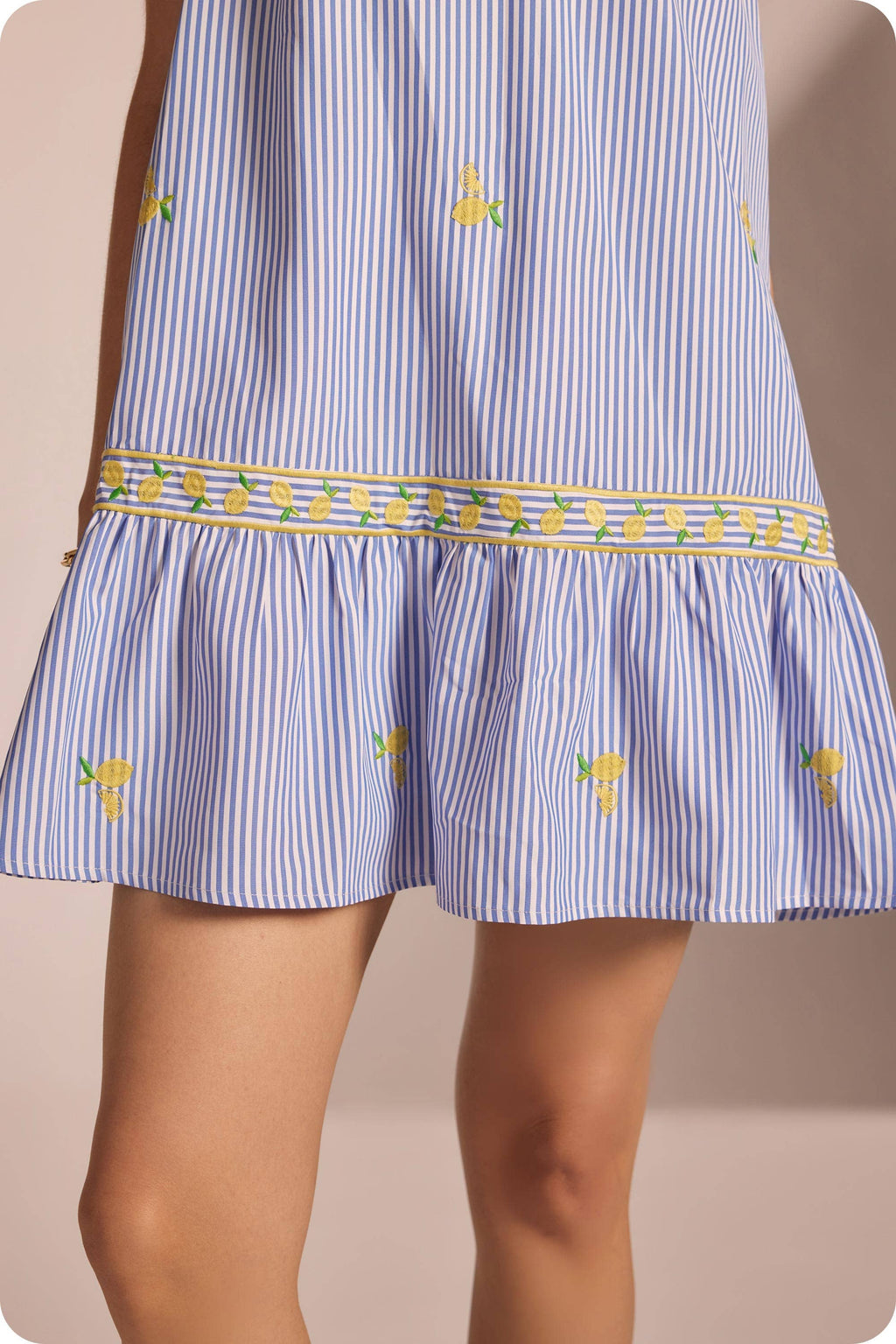 Lemon Embroidery Bow Strap Detail Stripe Mini Dress