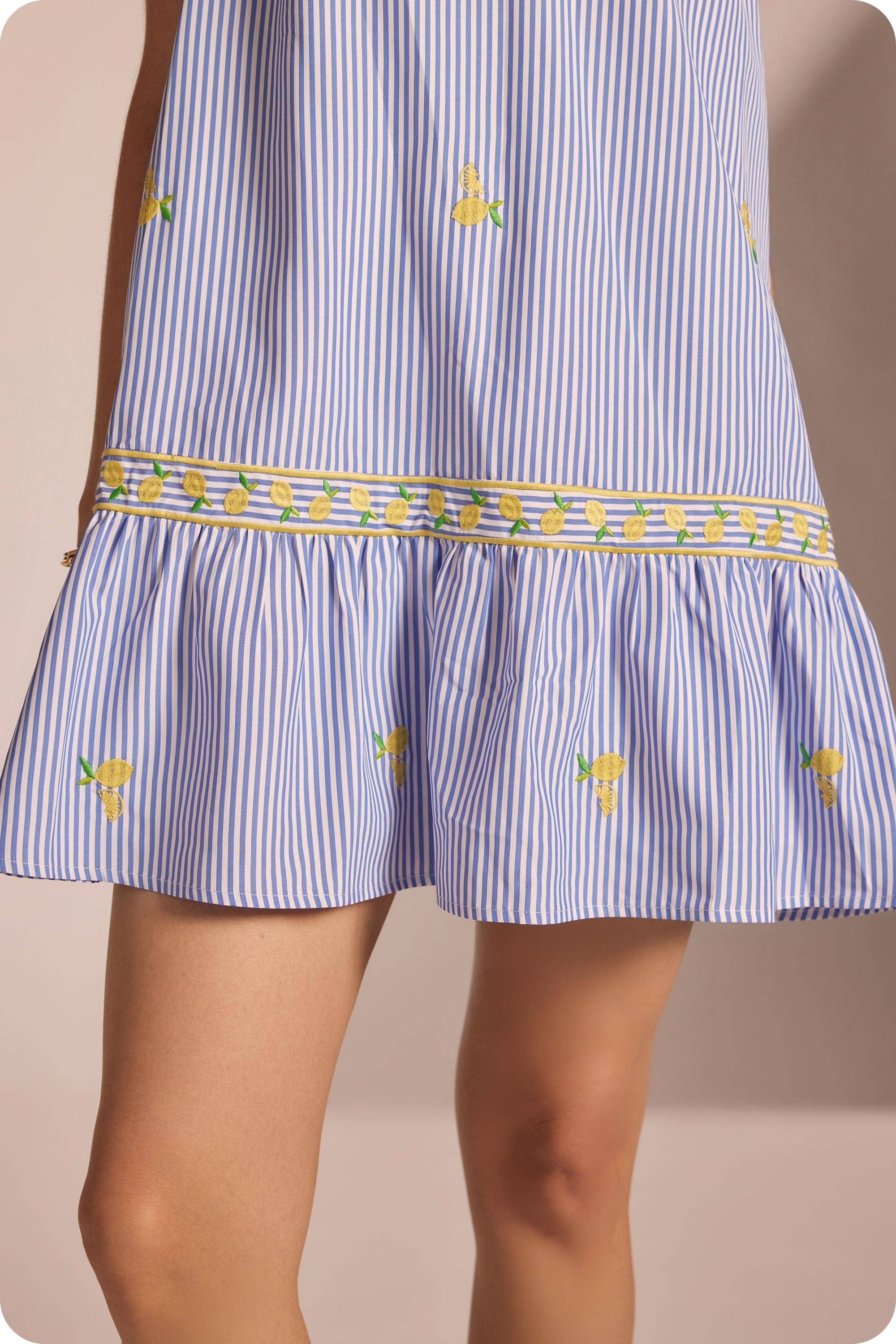 Lemon Embroidery Bow Strap Detail Stripe Mini Dress