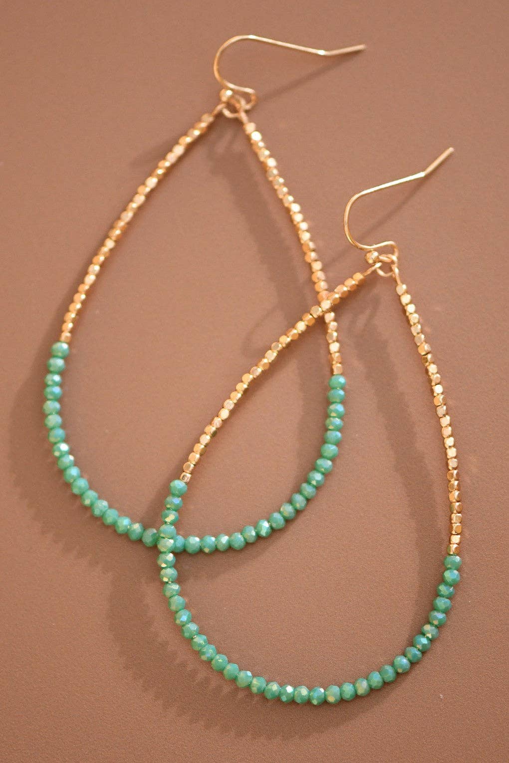 Gold Beaded Hollow Drop Earrings with Glass Beads - 6112
