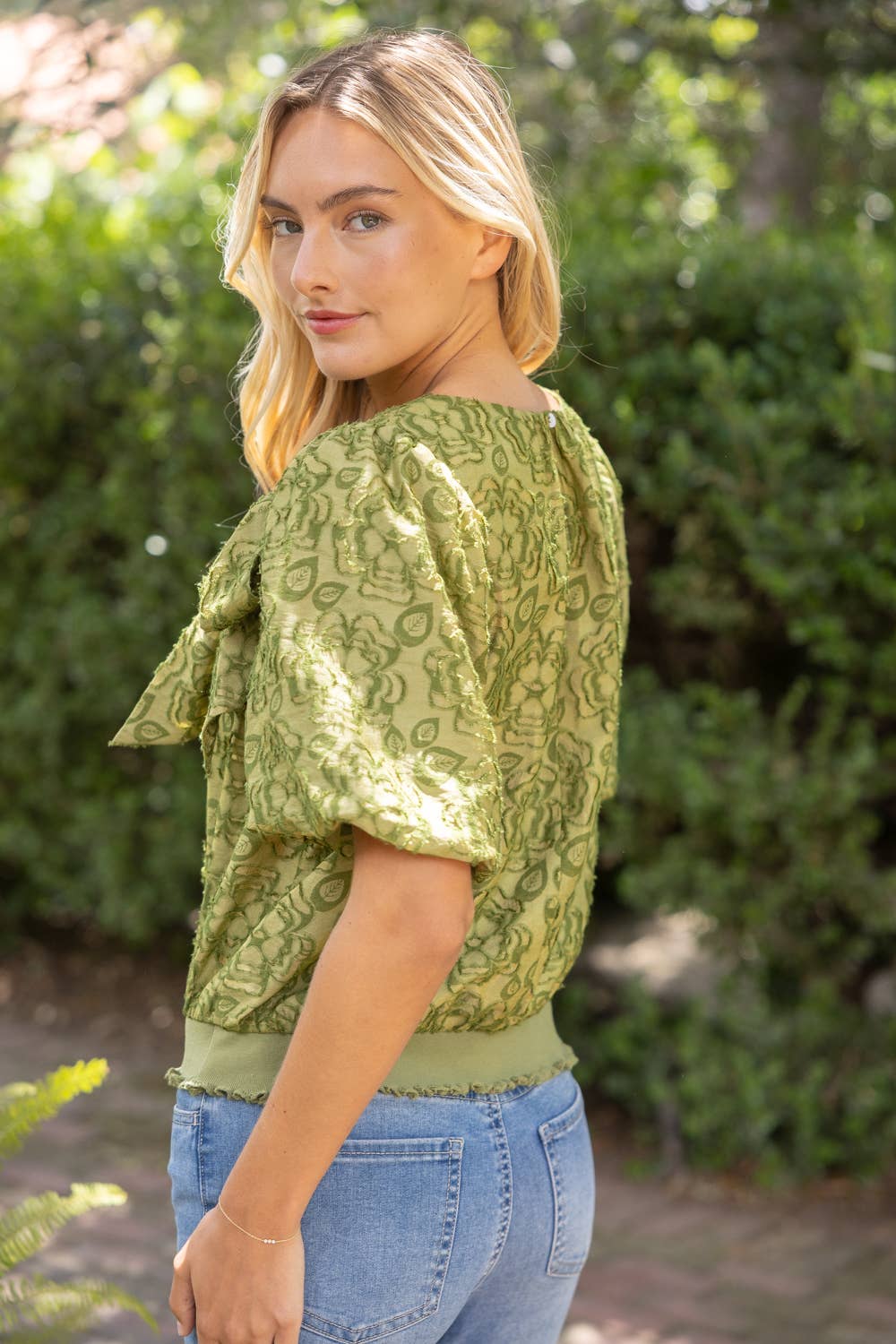 36917 Large Front Bow Detail Burn Out Floral Top
