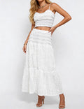 Ladies Romantic Wrinkle Ruffle Cami Top & Tiered Maxi Skirt Set: White / M
