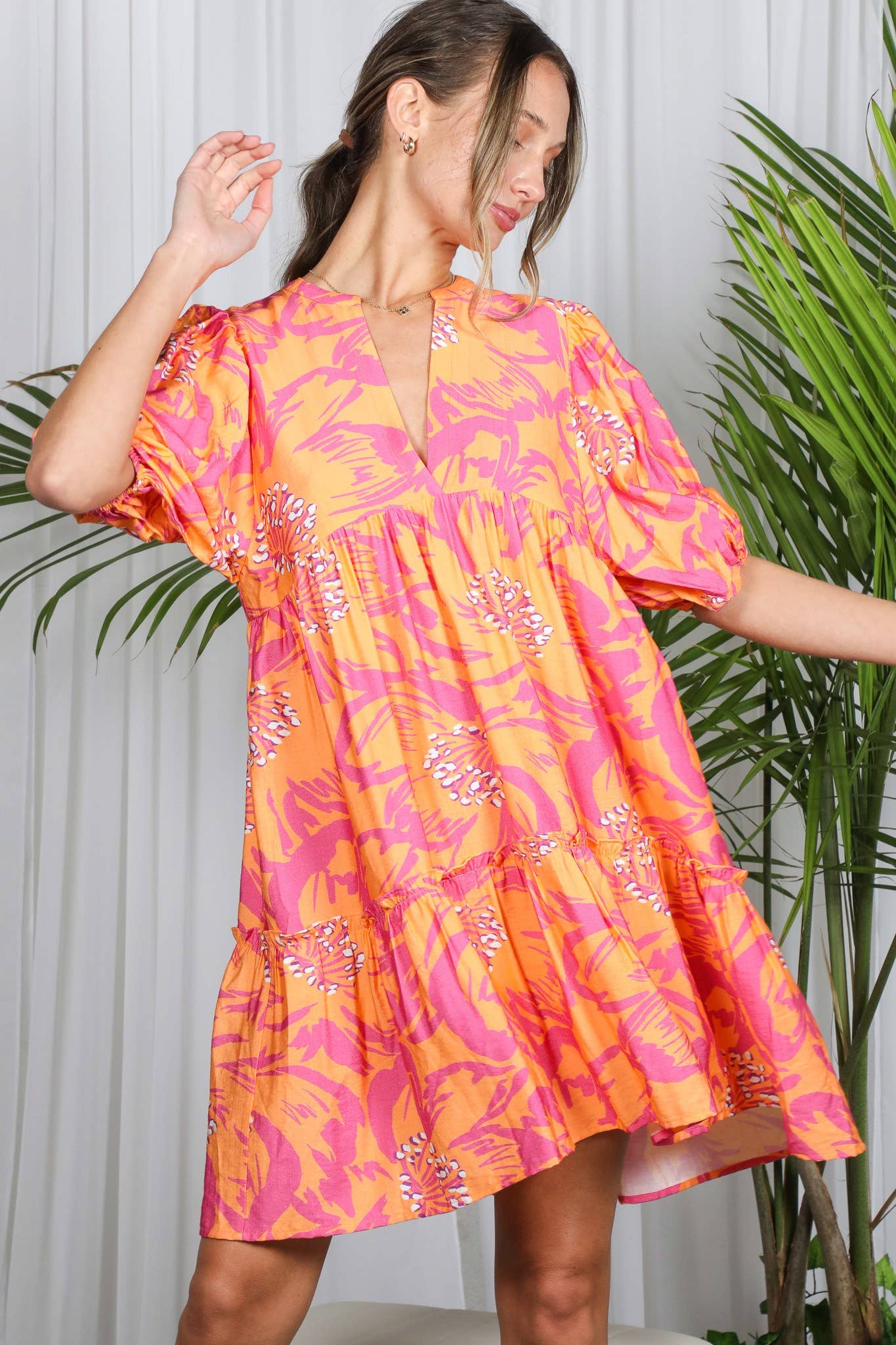Floral Printed Tired Baby Doll Mini Dress VD82057F