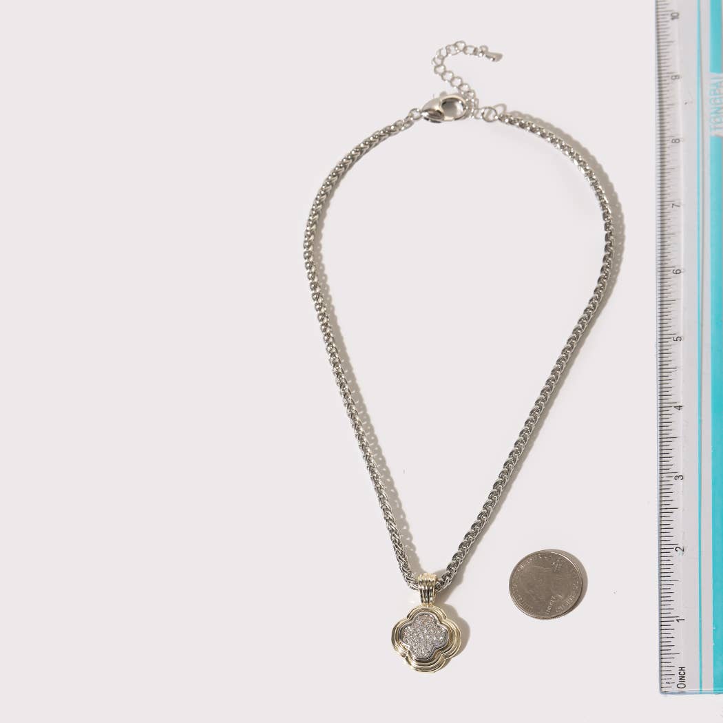 Two Tone CZ Pave Clover Pendant Necklace