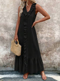 Solid-colored cotton V-neck loose wide-hem dress