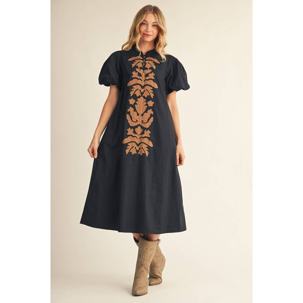 Applique Accent Puff Sleeves Midi Dress