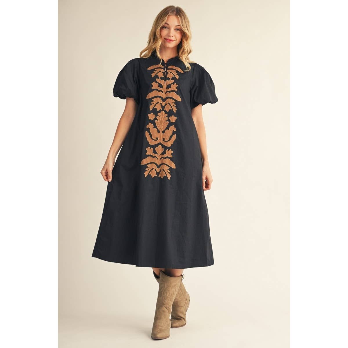Applique Accent Puff Sleeves Midi Dress