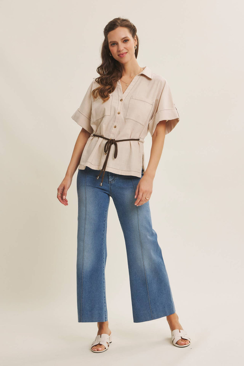 STRETCHY PINTUCK ANKLE LENGTH WIDE-LEG DENIM PANTS