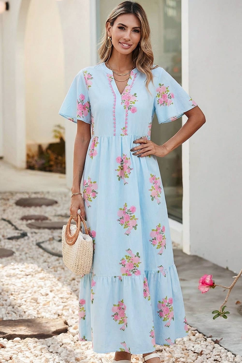 Spring 2026 Floral Ricrac Trim Notched Neck Maxi Dress|S-4X