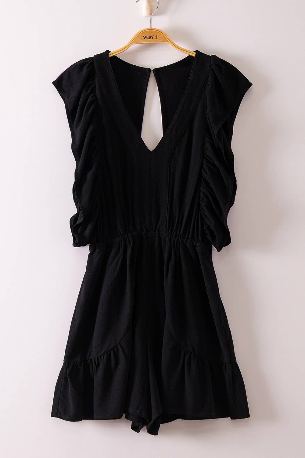 NP71067-Back Cutout Detail Ruffled Sleeve Romper