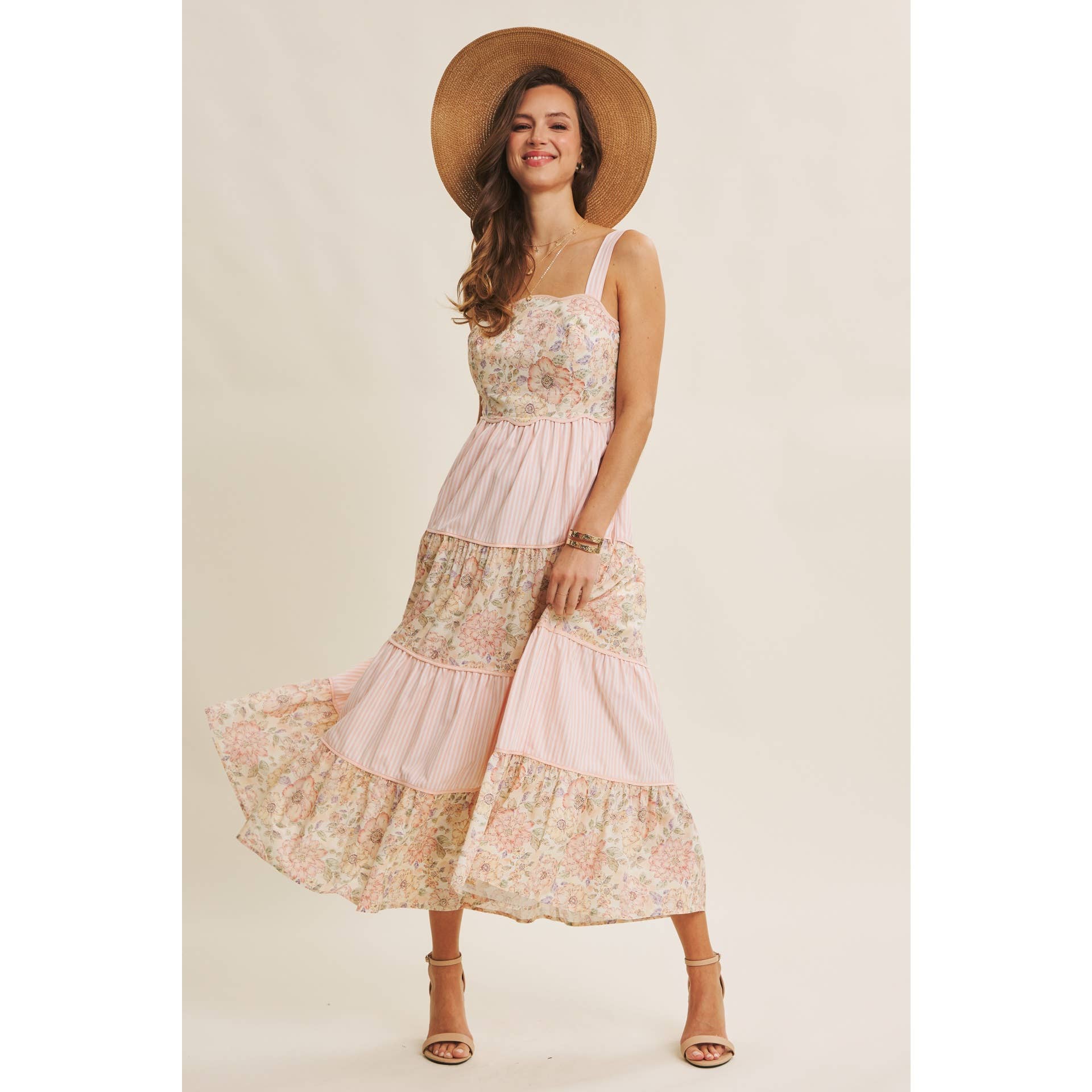 DREAMY IDEAL TIERED MIDI DRESS MIXED IN FLORALS AND STRIPES