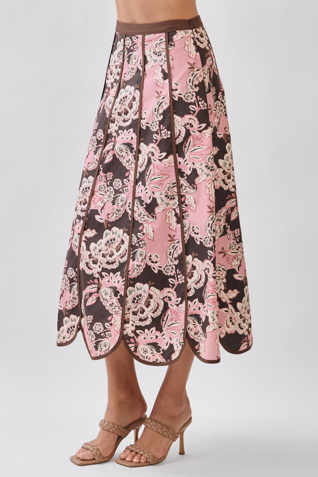 CS4094-Floral Print Saclloped Hem Paneled Midi Skirt