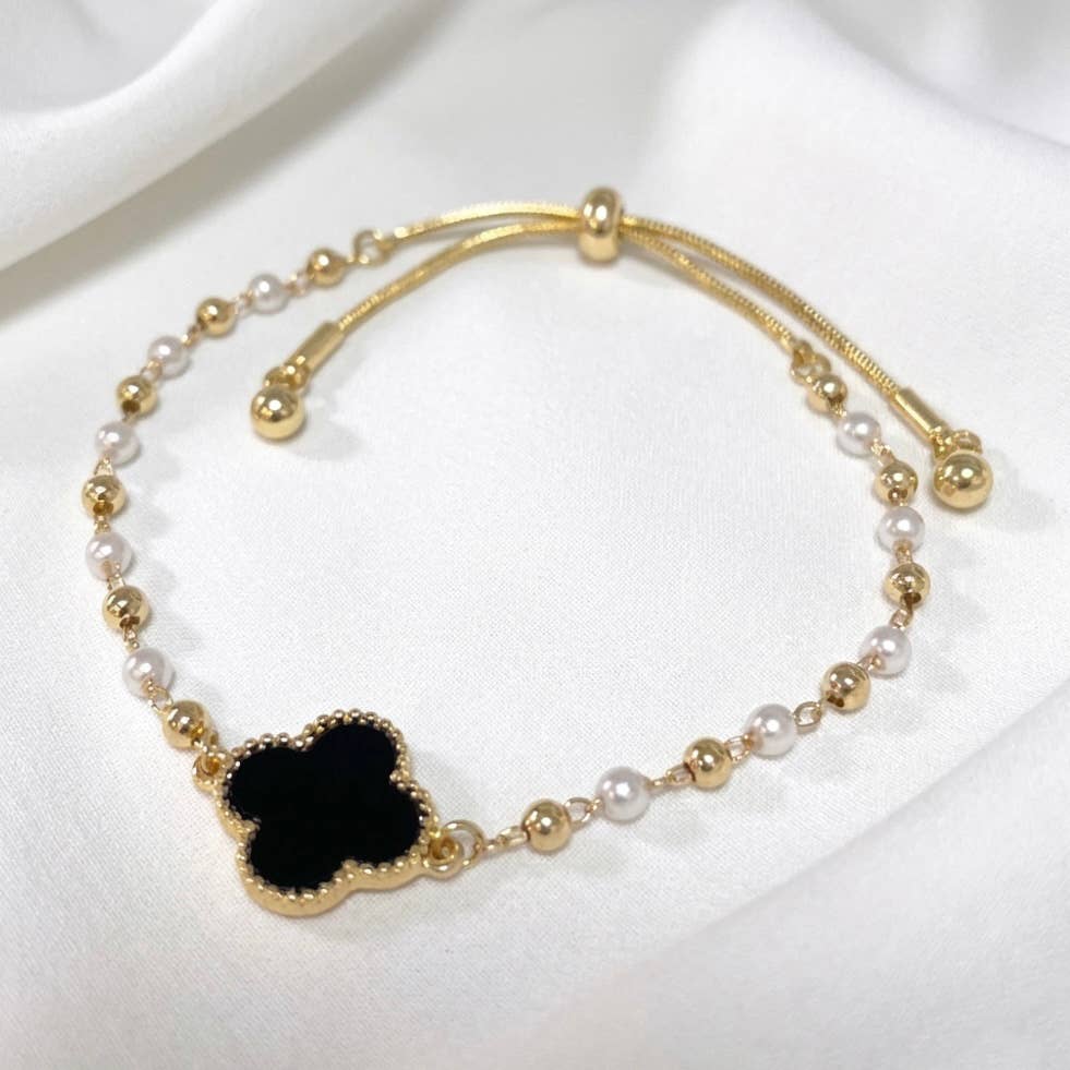 Clover Charm w/Pearl & CCB Ball Bead Pull Tie Bracelet