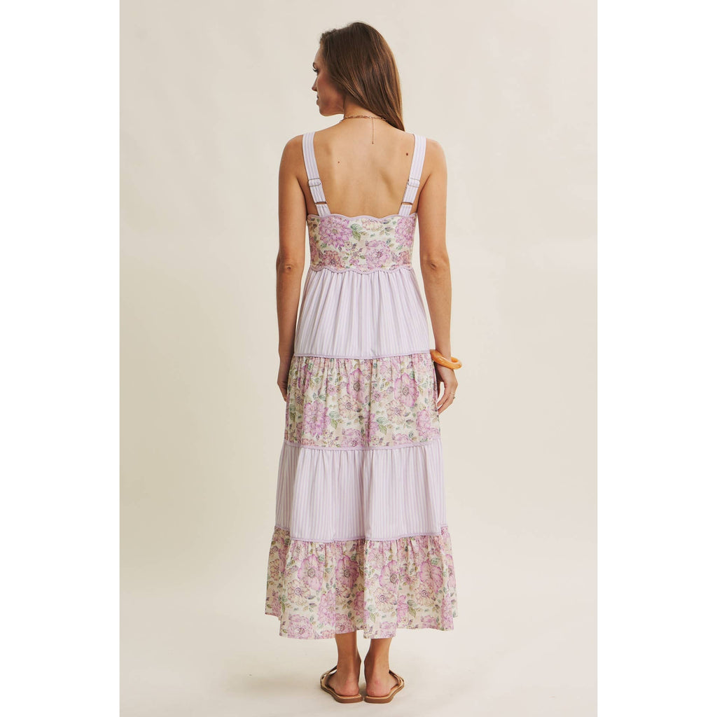 DREAMY IDEAL TIERED MIDI DRESS MIXED IN FLORALS AND STRIPES