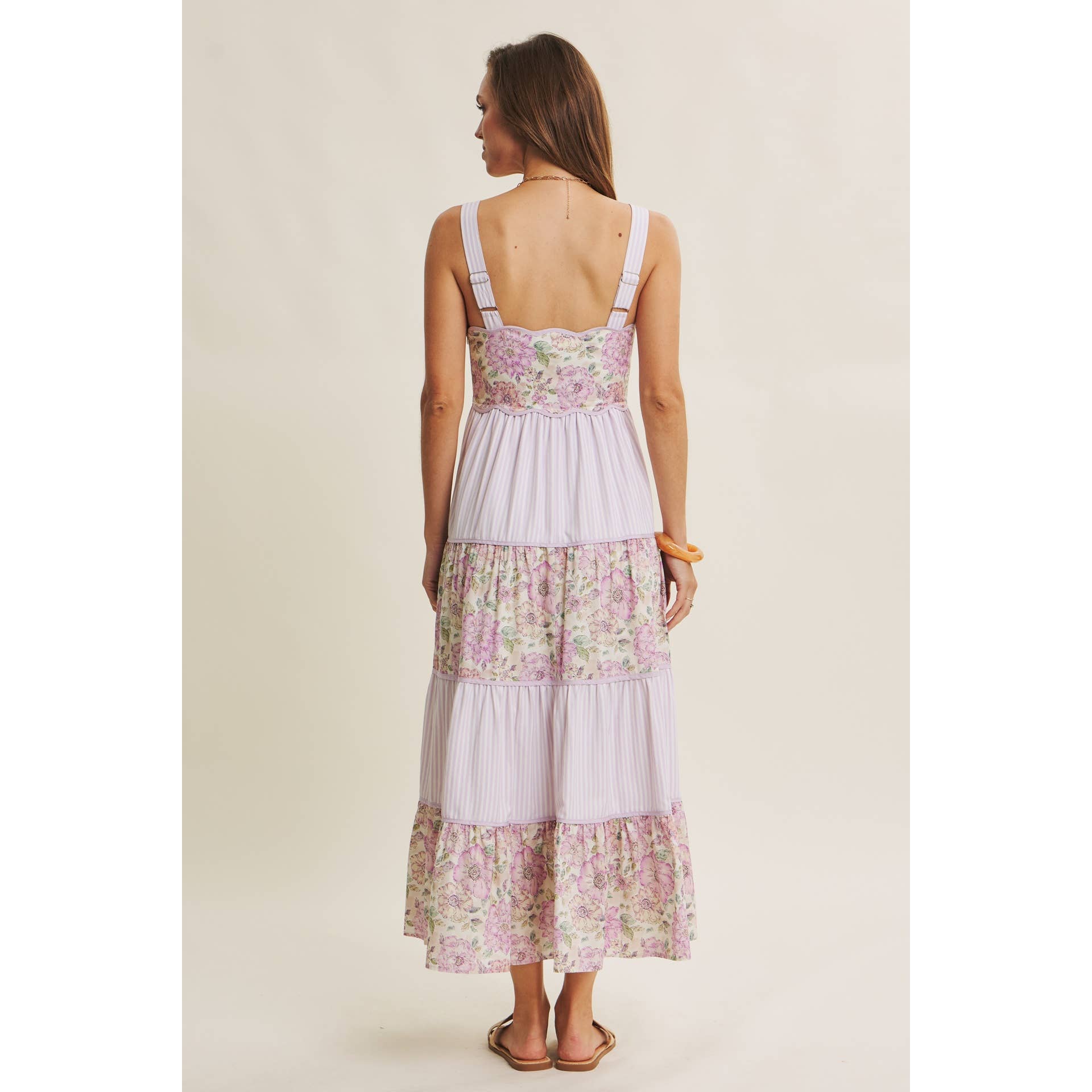 DREAMY IDEAL TIERED MIDI DRESS MIXED IN FLORALS AND STRIPES