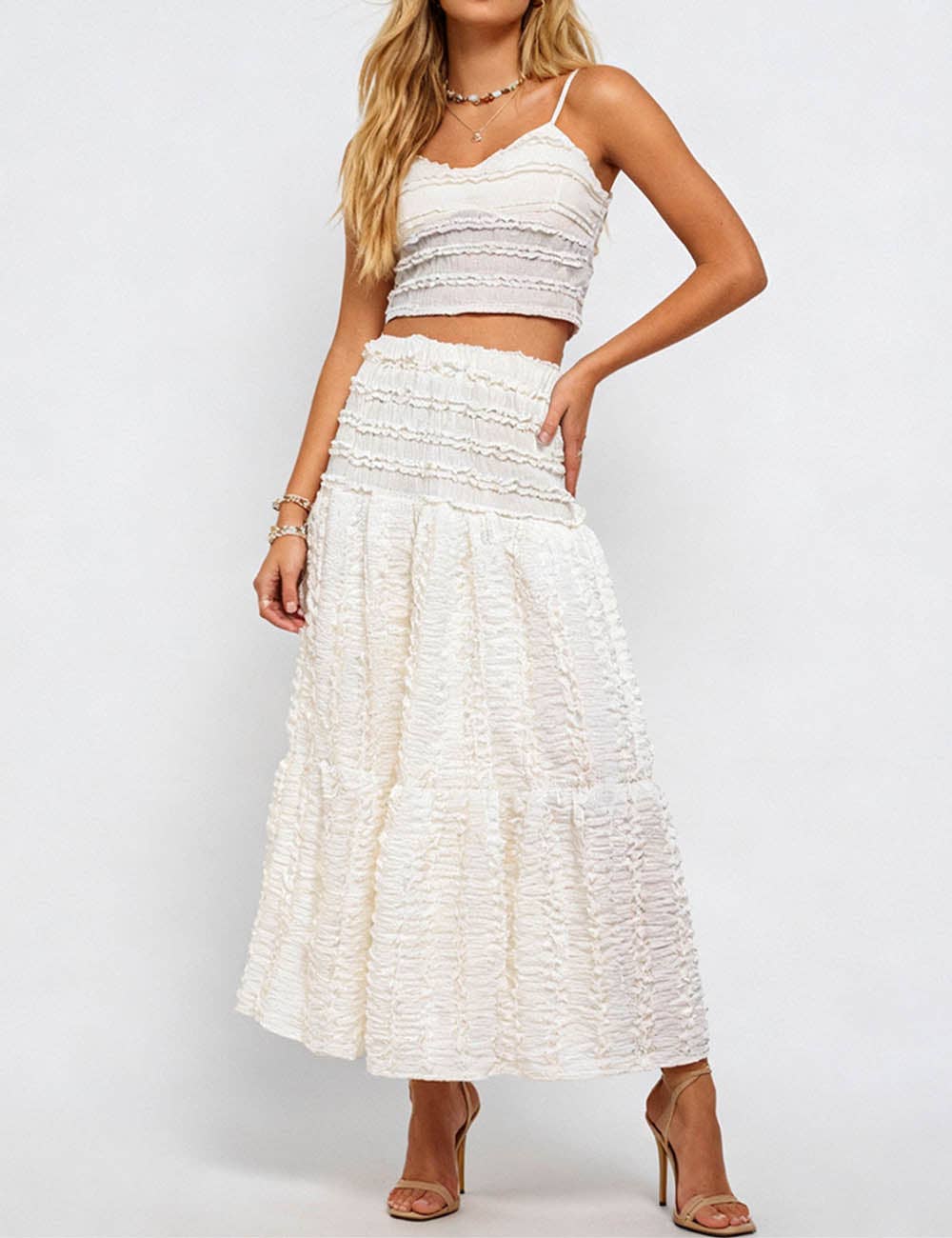 Ladies Romantic Wrinkle Ruffle Cami Top & Tiered Maxi Skirt Set: Apricot / L