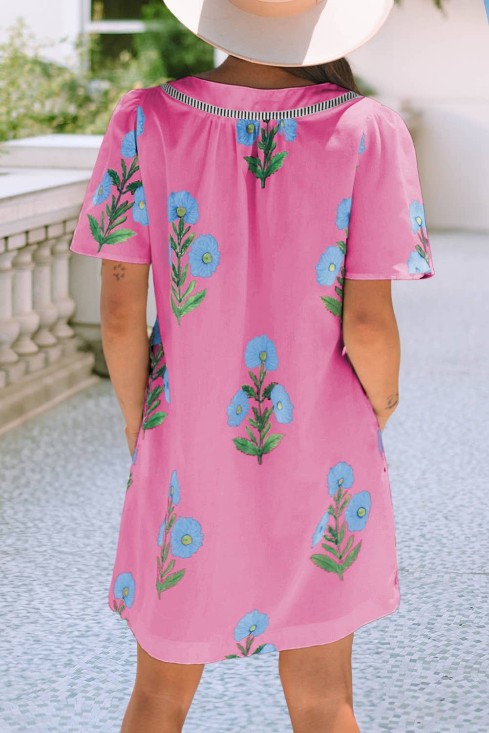 LDC Floral Short Sleeve Split Neck Mini Dress