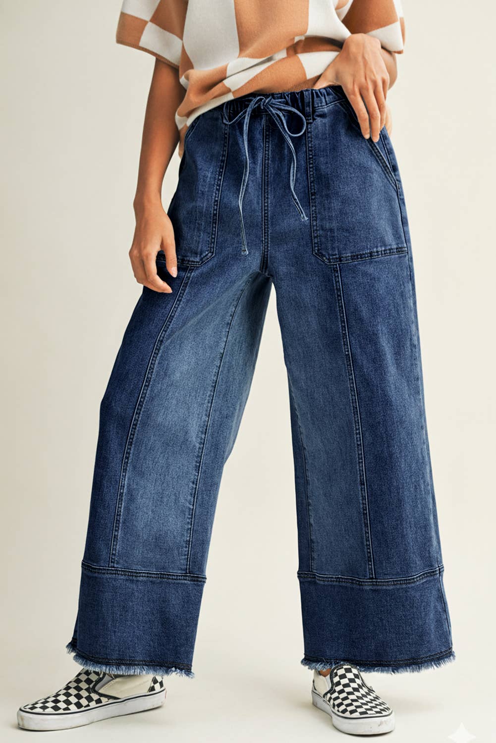 LDC Drawstring Seam Detail Raw Hem Wide Leg Denim Pants